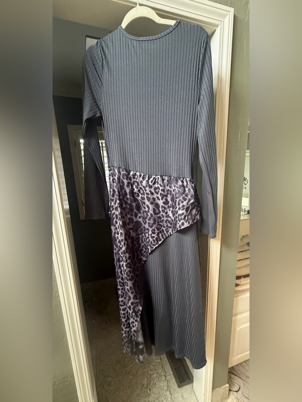 Ladies Gray Long Sleeve Dress with Leopard Peplum Detail